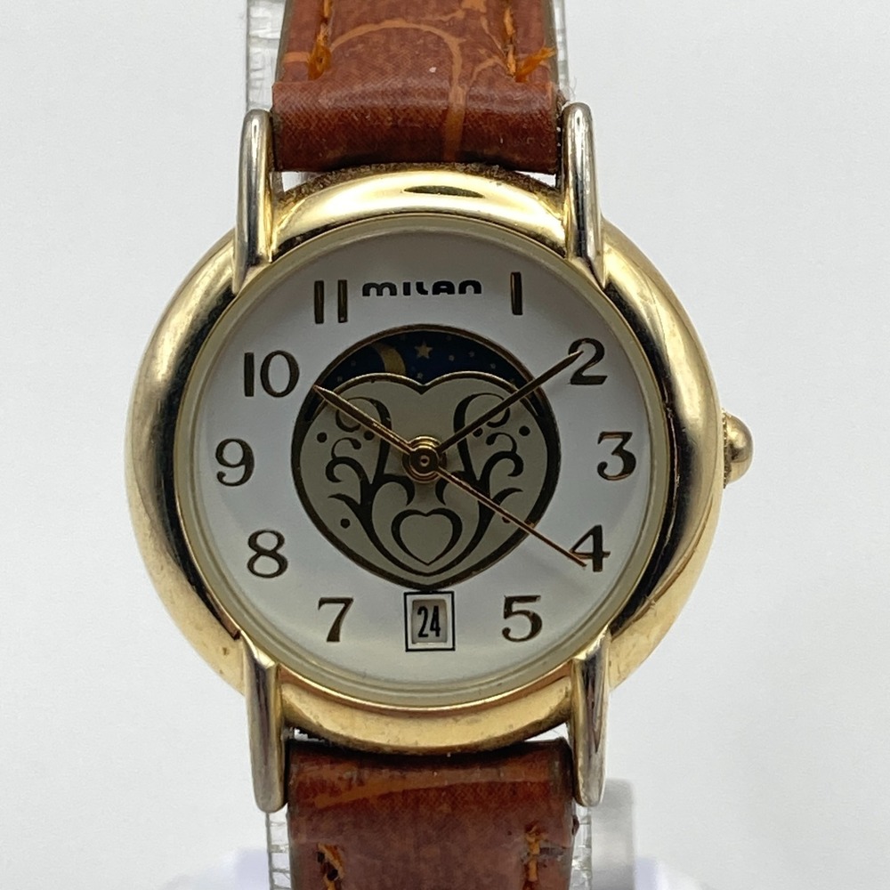 Milan Women's Moon Phase Watch Gold Tone Date 25mm Heart Brown New Battery SMALL